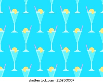 Cocktail with umbrellas seamless pattern. Alcoholic cocktails with umbrellas and orange slice on blue background. Design for bar menus, advertising materials and banners. Vector illustration
