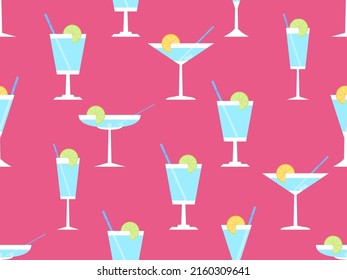 Cocktail with umbrellas seamless pattern. Alcoholic cocktails with umbrellas and lime slice on red background. Design for bar menus, advertising materials and banners. Vector illustration