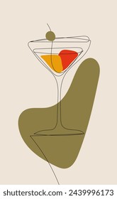 A cocktail with a variation of a dry martini in a special glass. A transparent gin-based drink decorated with olives. Stylish vector illustration is suitable for postcards, menu design, posters.