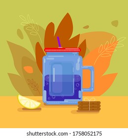 cocktail vase on a dark isolated background, blue vector cocktail glass with lemon and cookies
