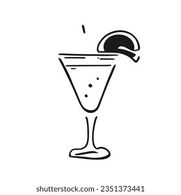 Cocktail vector black and white illustration. Cocktail glass, doodle style. Bar symbol. Minimalism. Proclamation design.