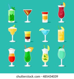 Cocktail vector flat icons. Party drinks glass vector set for bar or pub menu