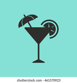 Cocktail vector icon. Black illustration isolated on green background for graphic and web design.