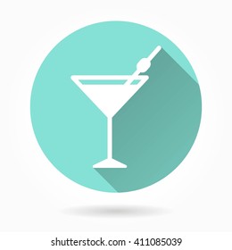 Cocktail vector icon with long shadow. White illustration isolated on green background for graphic and web design.  