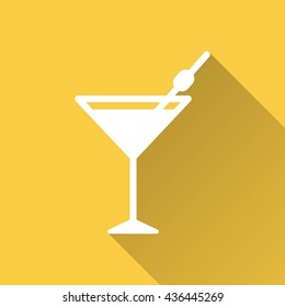 Cocktail vector icon with long shadow. White illustration isolated on yellow background for graphic and web design.