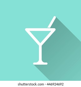 Cocktail vector icon with long shadow. White illustration isolated on green background for graphic and web design.