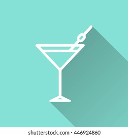 Cocktail vector icon with long shadow. White illustration isolated on green background for graphic and web design.