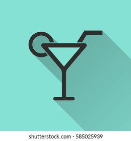 Cocktail vector icon with long shadow. Black illustration isolated on green background for graphic and web design.