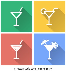 Cocktail vector icon with long shadow. White illustration isolated on color background for graphic and web design.