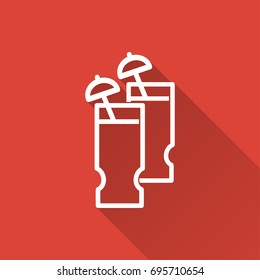 Cocktail vector icon with long shadow. White illustration isolated on red background for graphic and web design.