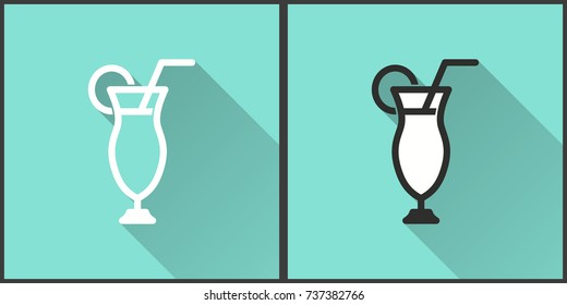 Cocktail vector icon with long shadow. Illustration isolated on green background for graphic and web design.