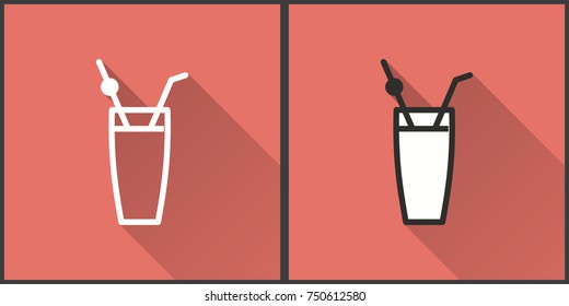 Cocktail vector icon with long shadow. Illustration on red background isolated for graphic and web design.