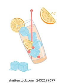 Cocktail vector illustration. Long drink, cold lemonade drawing.