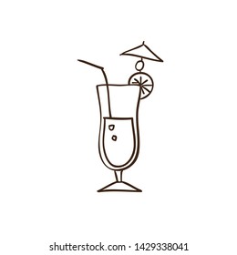 Cocktail. Vector Isolated Graphic Design Element. Cold, fresh, alcoholic or non-alcoholic beverage. Hand drawn line art, outline sketch with glass, straw, umbrella and beverage. Flat, cartoon, comic.