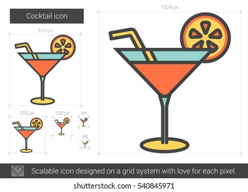 Icono de línea vectorial de cóctel aislado en fondo blanco. Icono de línea de cóctel para infografía, sitio web o aplicación. Icono escalable diseñado en un sistema de cuadrícula.