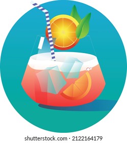 Cocktail vector with orange and straw on blue background