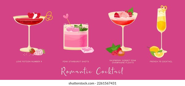 Cocktail vector set for Valentine's Day, Mother's Day, Women's Day. Romantic Alcohol Drinks with lemon, fruit Chew, raspberries, sorbet, champagne, gin, whiskey. Everything you need for party