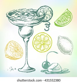 Cocktail vector sketch set. Hand-drawn Margarita Daiquiri set. Ink drawn Margarita Daiquiri cocktail set with lime, cherry, lemon, ice, lemon slices, salt. Margarita Daiquiri cocktail in green colors