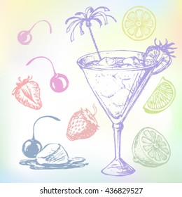 Cocktail vector sketch set. Hand-drawn Margarita or Daiquiri cocktail illustration. Ink drawn Margarita cocktail set with ingredients: strawberry, lime, cherry, ice, lemon, juice and fruit slices.