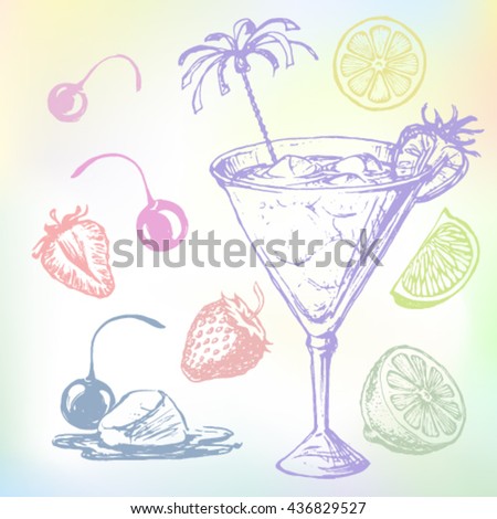 Cocktail vector sketch set. Hand-drawn Margarita or Daiquiri cocktail illustration. Ink drawn Margarita cocktail set with ingredients: strawberry, lime, cherry, ice, lemon, juice and fruit slices.