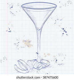 Cocktail Vesper mixed drink with Vodka, Gin, wine, Lemon on a notebook page
