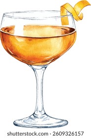 Cocktail Watercolor  - Golden Drink in Coupe Glass vector illustration