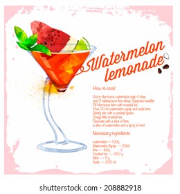 Cocktail Watermelon lemonade. Menu drawn watercolor.Recipes and ingredients on the background. Cocktails for your menu, parties, holidays.Vector series the author's work. 