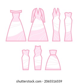 Cocktail and wedding dresses. Vector icon set