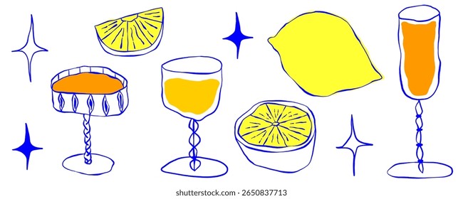 Coquetel caprichoso com limão definido em azul e amarelo. Amalfi, champanhe e limão de frutas. Estilo desenhado à mão de comida.