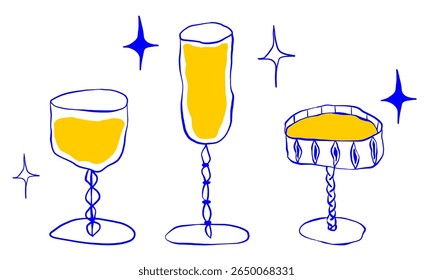 Cocktail whimsical set in blue and yellow color. Amalfi whimsical champagne and martini drink. Cocktail hand drawn style.