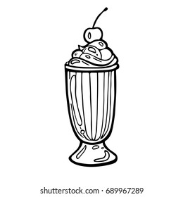 Cocktail with whipped cream and cherry. Black and white hand drawn sketch icon on white background. Vector EPS 10 illustration.