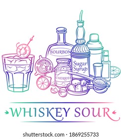 Cocktail Whiskey Sour with ingredients ( Bourbon, Sugar Syrup,  Angostura bitter, Lemon juice, ice cubes, cocktail cherry, egg white ) and barman's instruments. Most popular cocktails in the world.