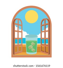 cocktail in a window with beautiful landscape over white background, vector illustration