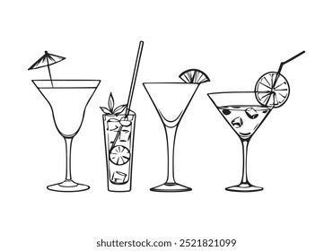 Cocktail Wine Glass Set Black Sketch Isolated on White Background. Drink Concept Line Art Drawing. Minimal Hand Draw Illustration for Cafe, Party, Holiday, Invitation. Vector EPS 10