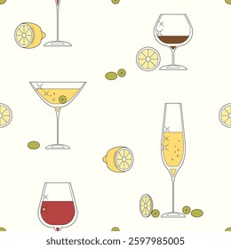 Cocktail and Wine Glasses Seamless Pattern Vector