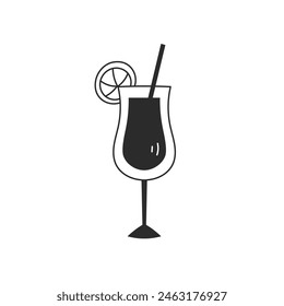 Cocktail in wineglass doodle icon. Alcohol juice drink beverage with citrus fruit piece. Outline bar symbol. Vector illustration. Isolated on white background