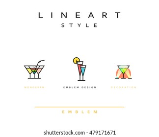 Cocktail wineglass set vector icon style line art. Design element cocktail wineglass style linear