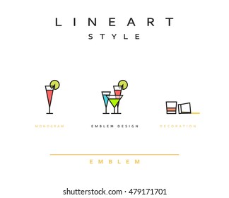 Cocktail wineglass set vector icon style line art. Monogram emblem element design style linear. Design element