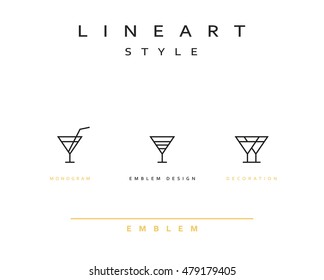 Cocktail wineglass set vector icon style line art. Monogram emblem element design style linear.