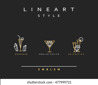 Cocktail wineglass vector icon style line art. Monogram emblem element design style lineart.