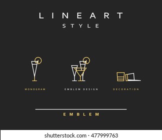 Cocktail wineglass vector icon style line art. Monogram emblem element design style lineart.