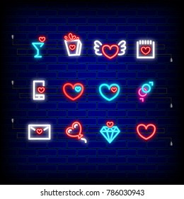 Cocktail, wing, calendar, phone Neon happy Valentine's Day set icon. Valentine lamp romance heart collection shape. Red color vector light. Nightclub bulb dark brick wall. Holiday love greeting icons.