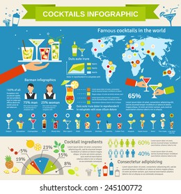 Cocktail worls wide consumption distribution map with margarita mojito americano glasses infigraphic presentation flat abstract vector illustration