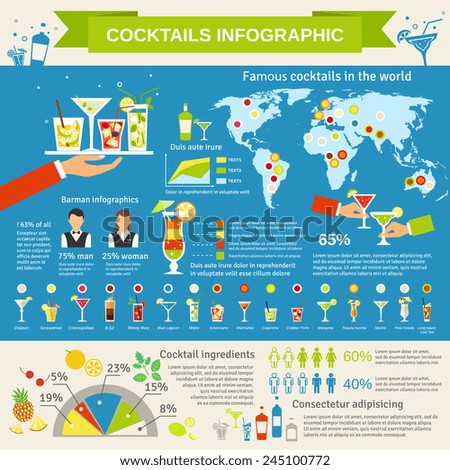 Cocktail worls wide consumption distribution map with margarita mojito americano glasses infigraphic presentation flat abstract vector illustration