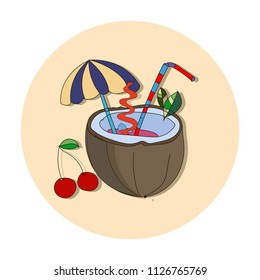 CocktailAlcoholic drinks vector. Hand drawing. Vector illustration.Summer cocktails in coconut with cherry and lemon.Hand draw vector illustration.  Summer coctails with alcohol, watermelon, coconut