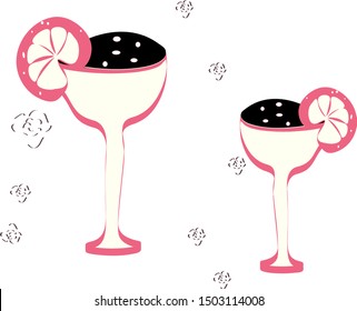 Cocktail.Cocktail hand drawn illustration, in a glass on a long stem decorated with a slice of lemon vector illustration on a white background.