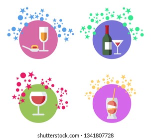 Cocktails, Alcohol Beverages Vector Illustrations Set. Glassware with Stars Decor. Champagne, Wine, Shot Glass Appetizers. Isolated Party Drinks, Aperitifs, Snacks. Cocktail Party Menu