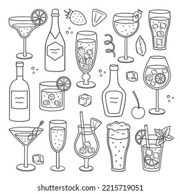 Cocktails and Alcohol Drinks doodle set. Wine, champagne in sketch style. Hand drawn vector illustration isolated on white background