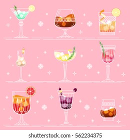 Cocktails and alcohol drinks set in line art style on pink background. Different types of cocktail glasses and cocktail presentation. Valentine's Day cocktail party. Cocktail trends.