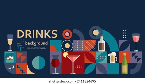 Cocktails with alcohol or juice in minimalistic geometric flat style. Creative colorful composition. Concept for branding menu, cover, flyer, banner. Vector illustration.